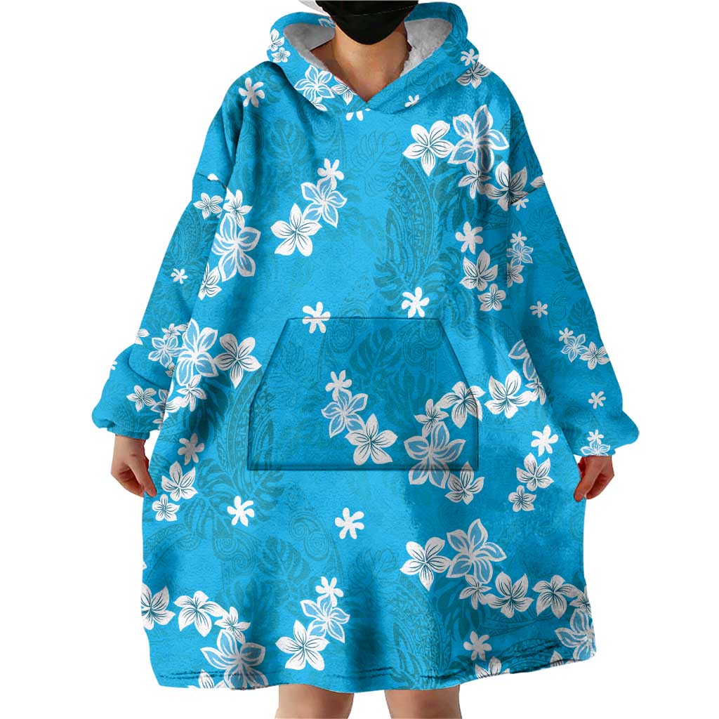 Hawaii Monstera Deliciosa Wearable Blanket Hoodie Blue Plumeria Polynesian Pattern - Polynesian Pride