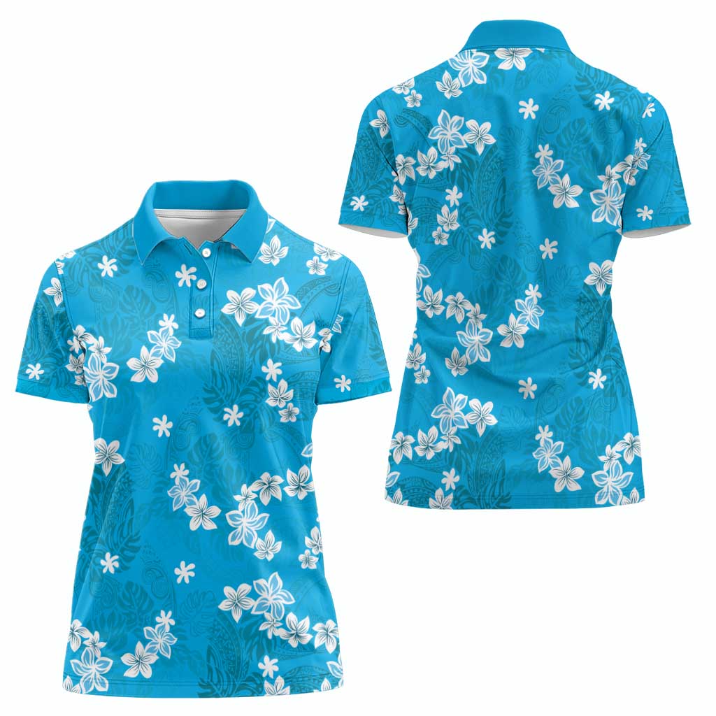 Hawaii Monstera Deliciosa Women Polo Shirt Blue Plumeria Polynesian Pattern - Polynesian Pride