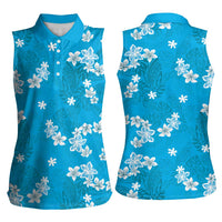 Hawaii Monstera Deliciosa Women Sleeveless Polo Shirt Blue Plumeria Polynesian Pattern - Polynesian Pride