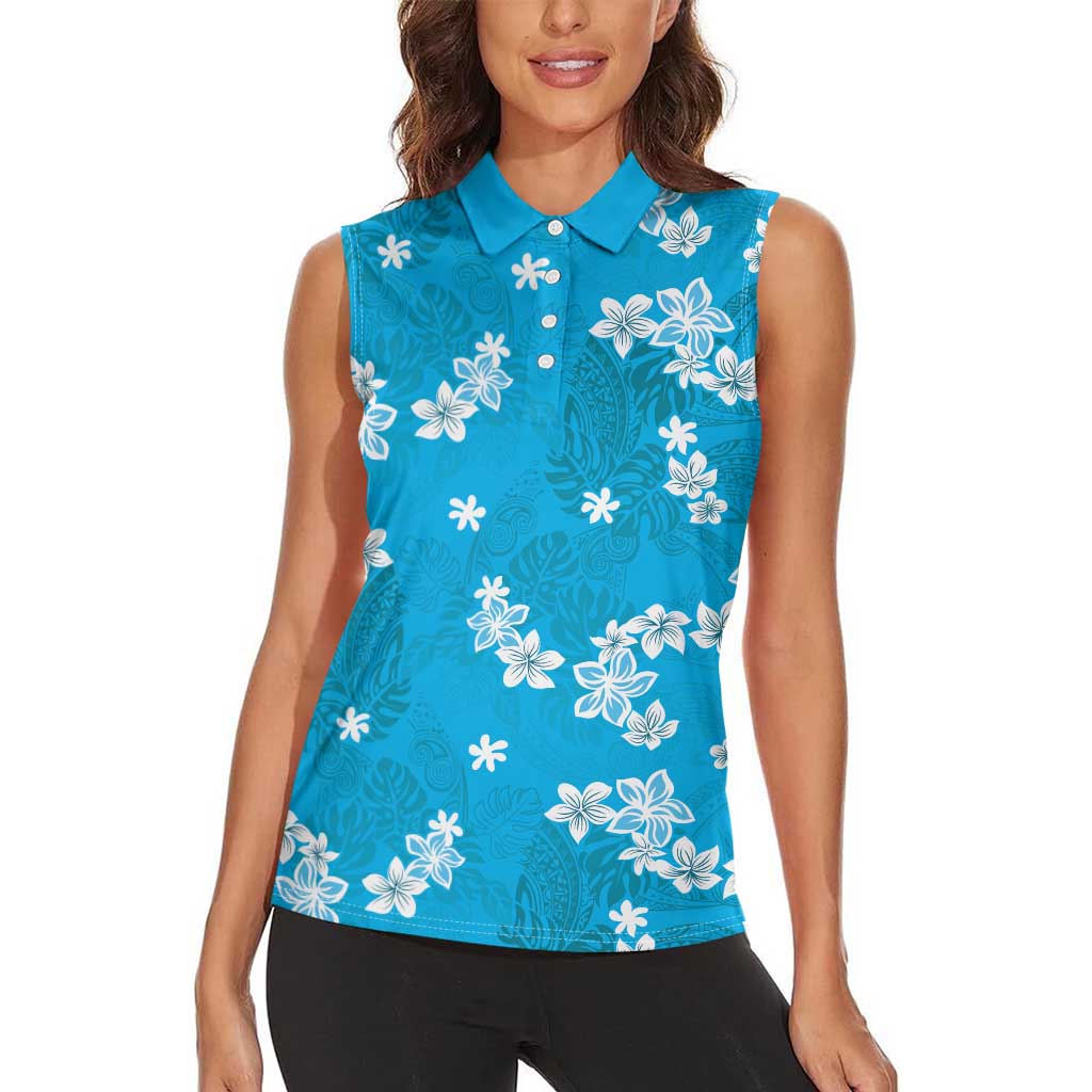 Hawaii Monstera Deliciosa Women Sleeveless Polo Shirt Blue Plumeria Polynesian Pattern - Polynesian Pride