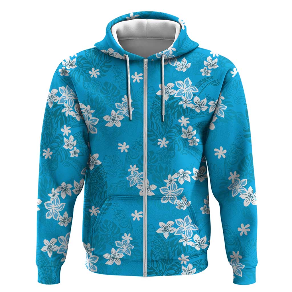 Hawaii Monstera Deliciosa Zip Hoodie Blue Plumeria Polynesian Pattern - Polynesian Pride