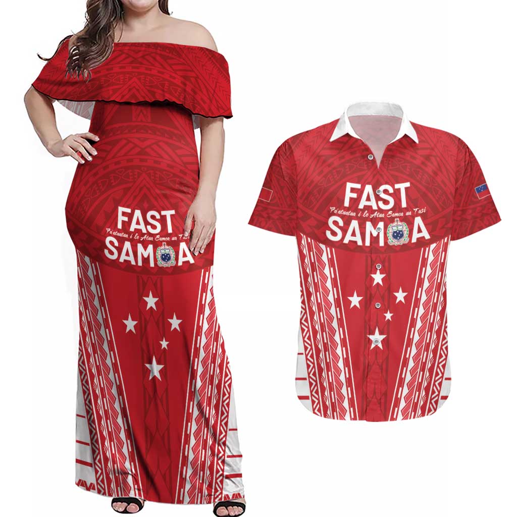 Samoa FAST Couples Matching Off Shoulder Maxi Dress and Hawaiian Shirt Forever Proud Samoan Tribal Pattern - Polynesian Pride