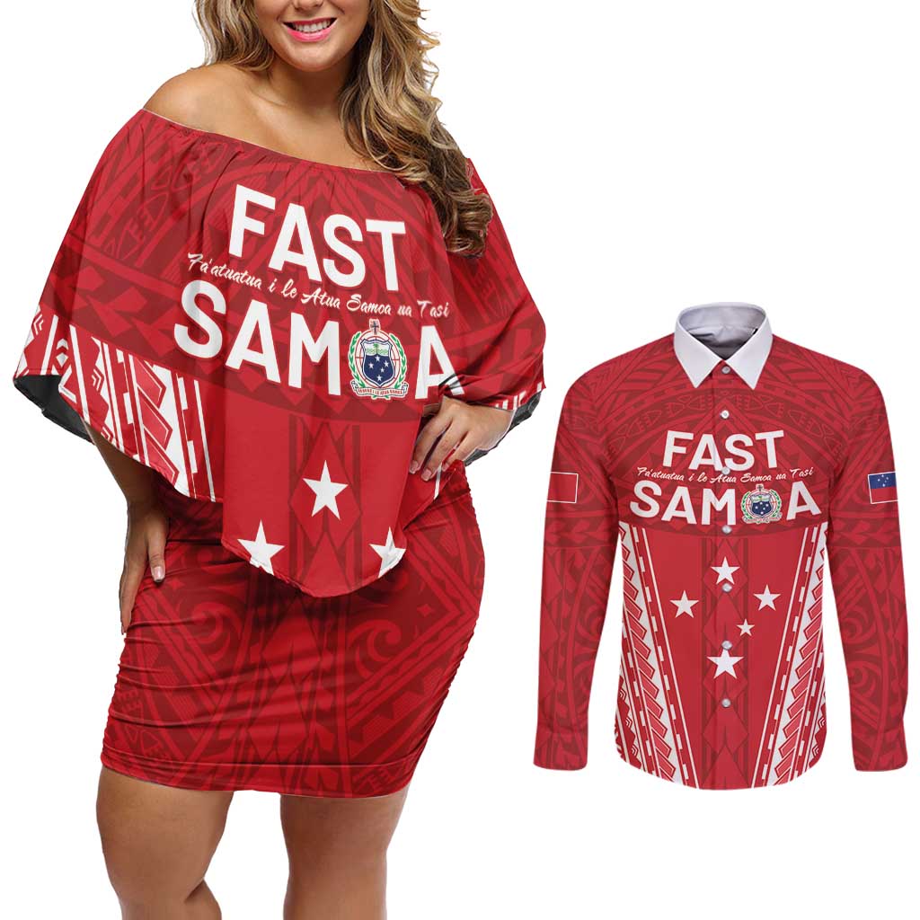Samoa FAST Couples Matching Off Shoulder Short Dress and Long Sleeve Button Shirt Forever Proud Samoan Tribal Pattern - Polynesian Pride