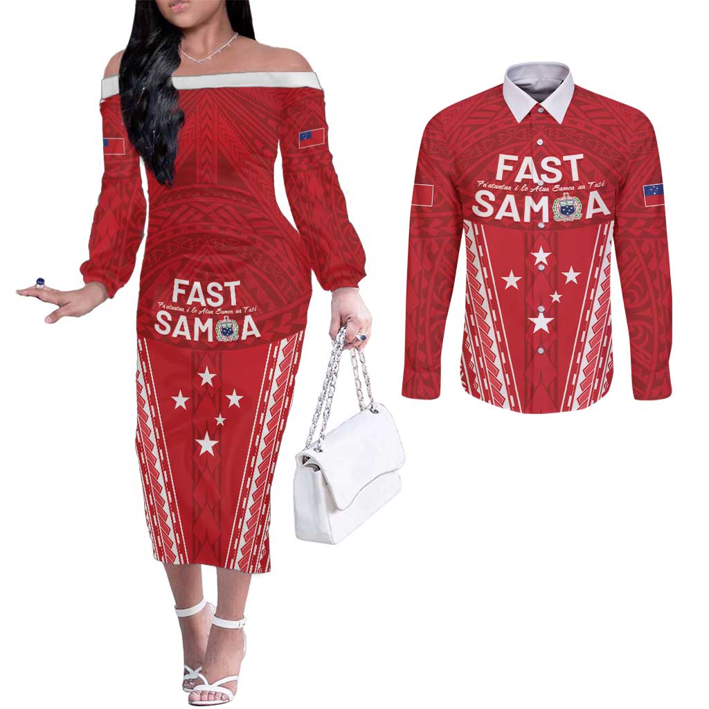 Samoa FAST Couples Matching Off The Shoulder Long Sleeve Dress and Long Sleeve Button Shirt Forever Proud Samoan Tribal Pattern - Polynesian Pride