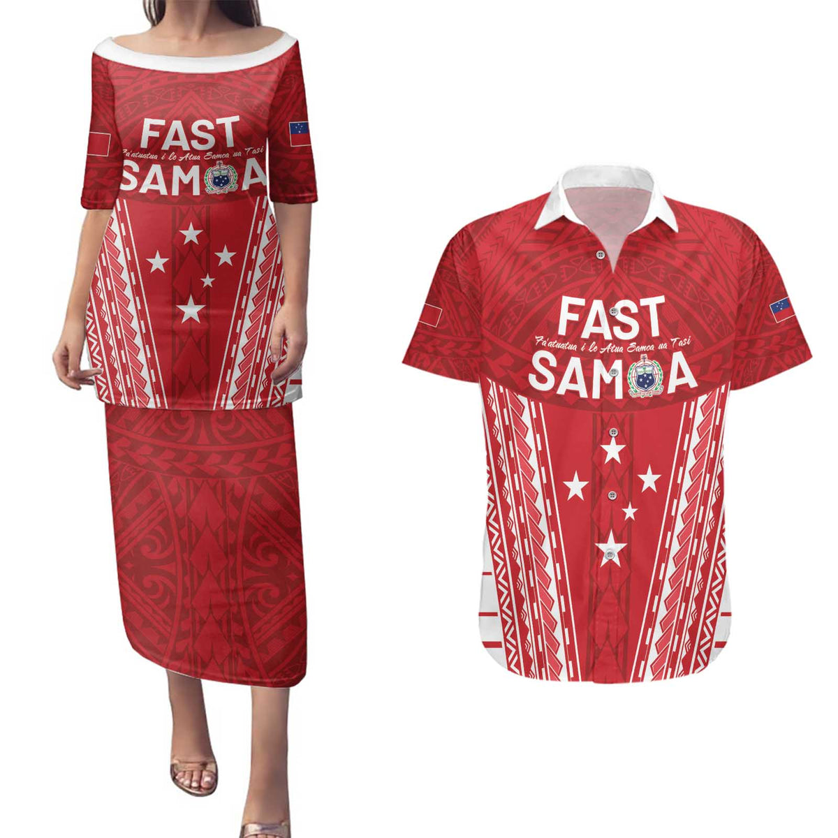 Samoa FAST Couples Matching Puletasi and Hawaiian Shirt Forever Proud Samoan Tribal Pattern - Polynesian Pride
