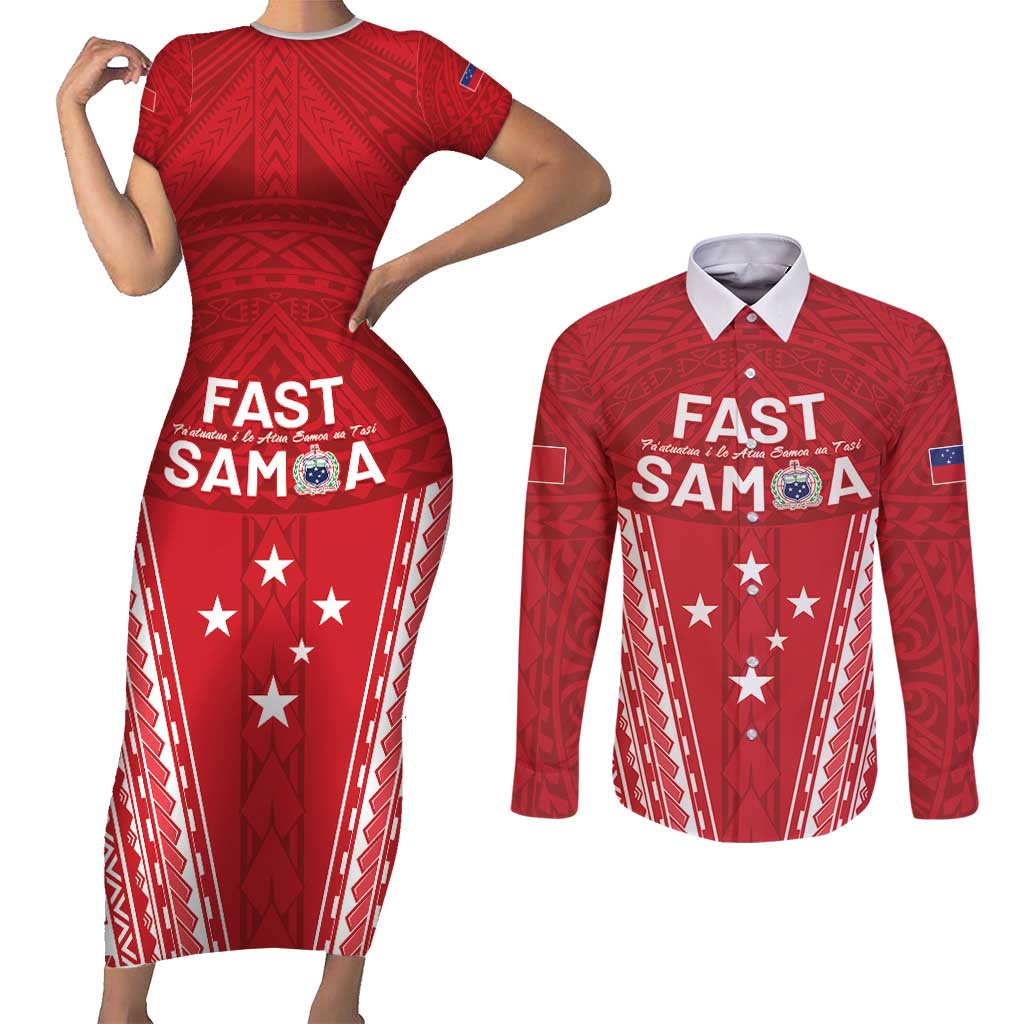 Samoa FAST Couples Matching Short Sleeve Bodycon Dress and Long Sleeve Button Shirt Forever Proud Samoan Tribal Pattern - Polynesian Pride