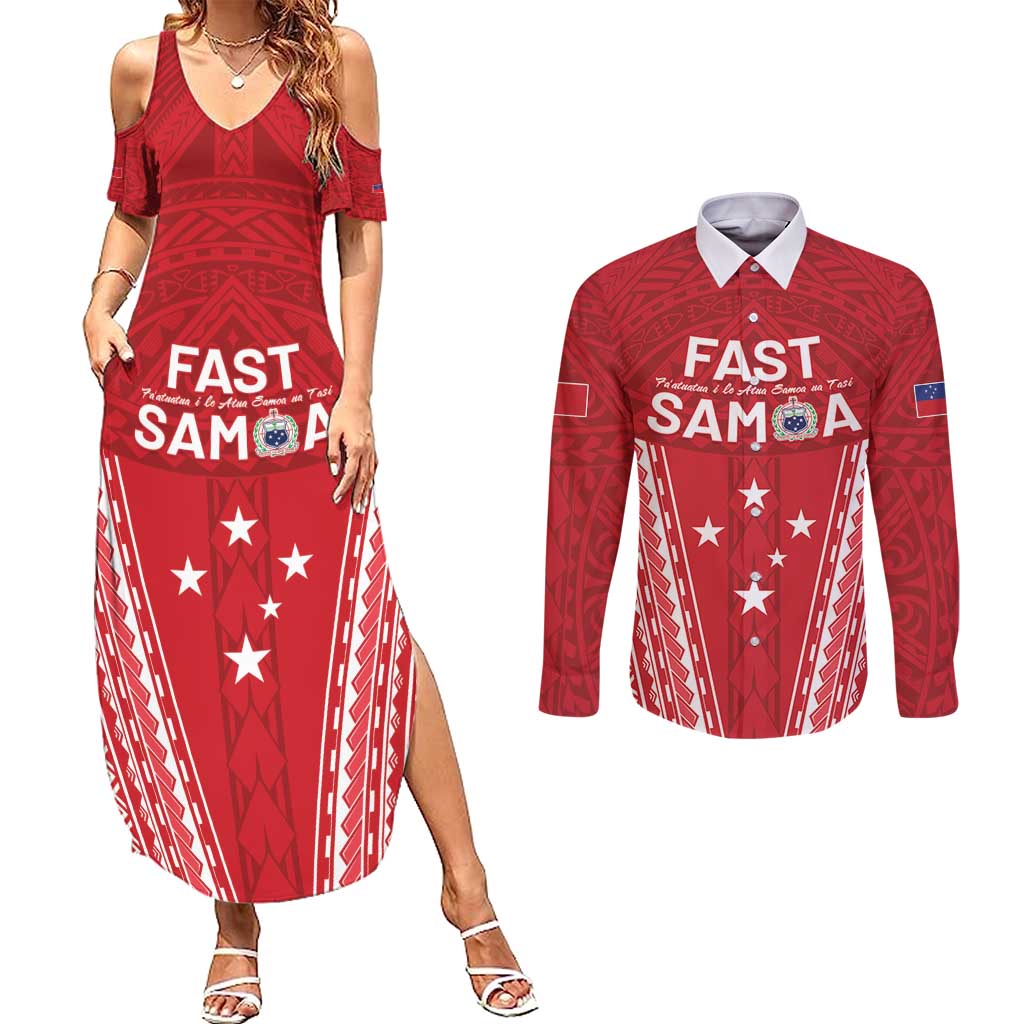 Samoa FAST Couples Matching Summer Maxi Dress and Long Sleeve Button Shirt Forever Proud Samoan Tribal Pattern - Polynesian Pride