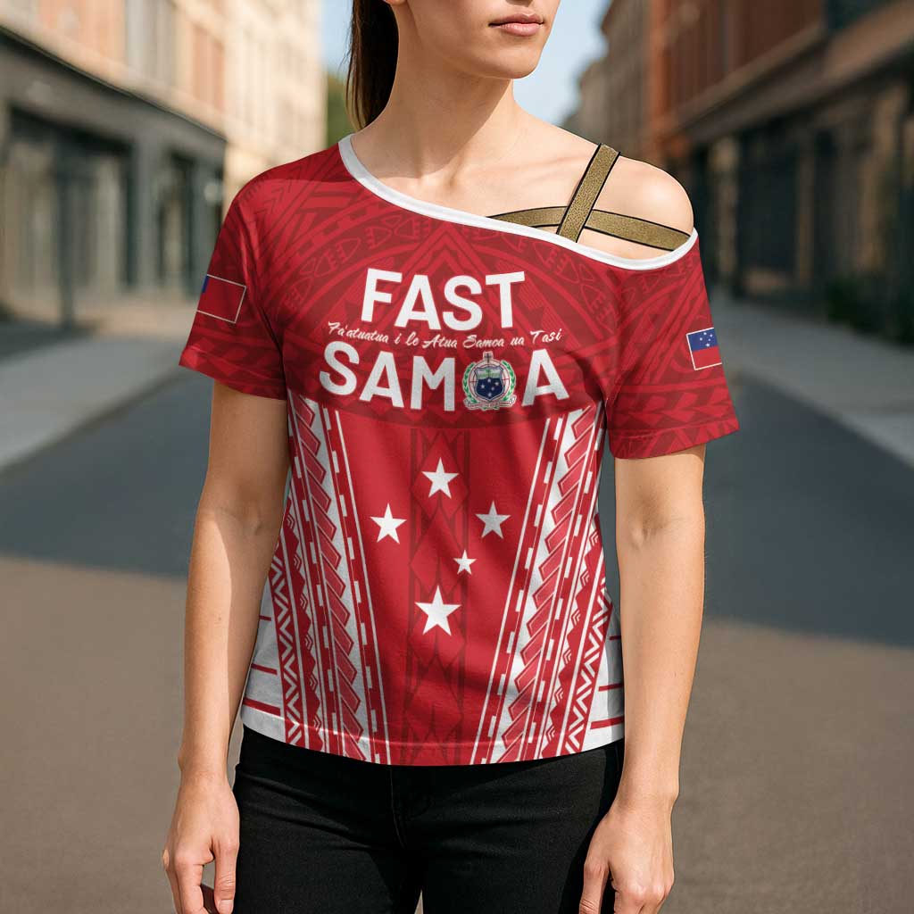 Samoa FAST Cross Shoulder Shirt Forever Proud Samoan Tribal Pattern - Polynesian Pride