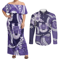 Utah State Polynesian Heritage Couples Matching Off Shoulder Maxi Dress and Long Sleeve Button Shirt Floral Tribal Pattern Tropical Flowers LT05 Purple - Polynesian Pride