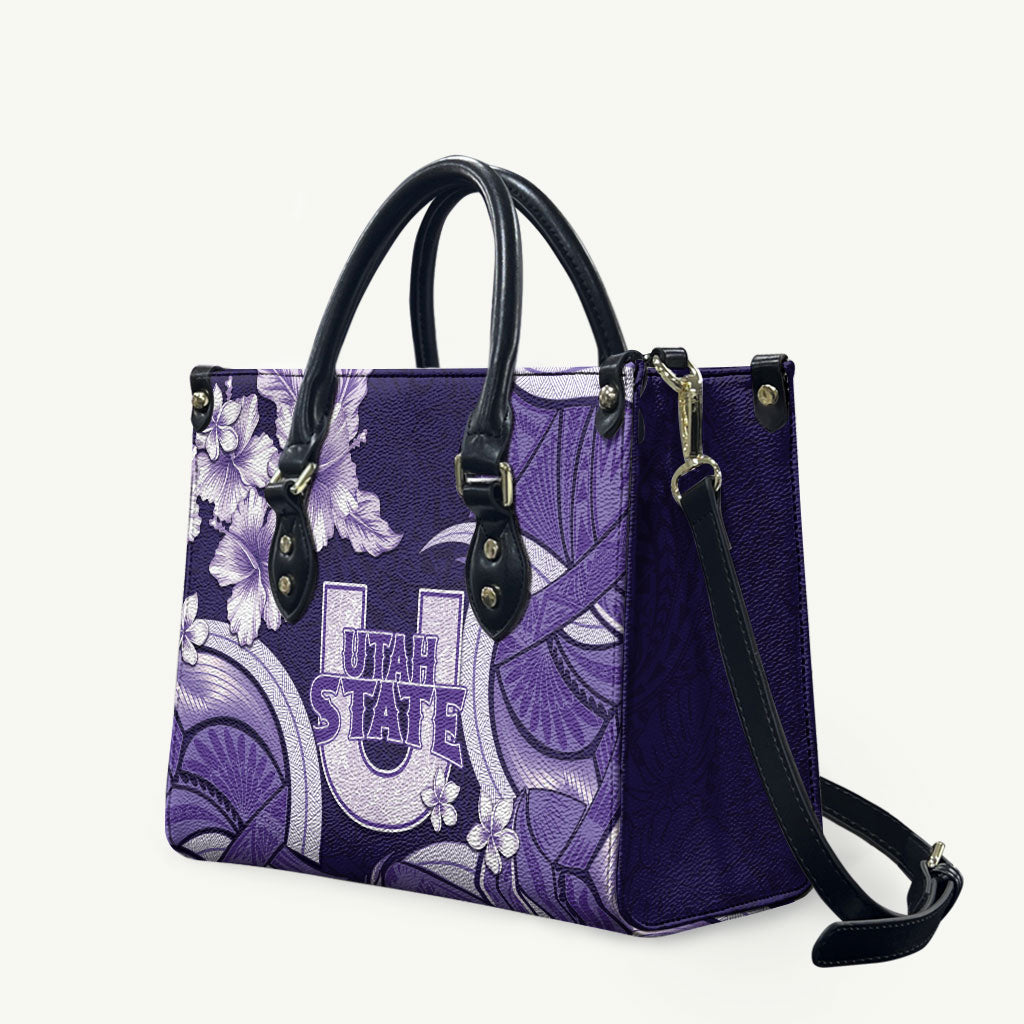 Utah State Polynesian Heritage Leather Bag Floral Tribal Pattern Tropical Flowers LT05 Purple - Polynesian Pride