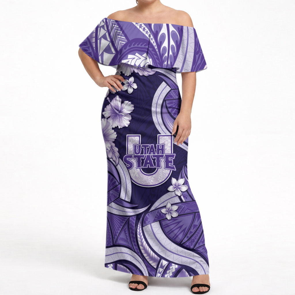 Utah State Polynesian Heritage Off Shoulder Maxi Dress Floral Tribal Pattern Tropical Flowers LT05 Women Purple - Polynesian Pride