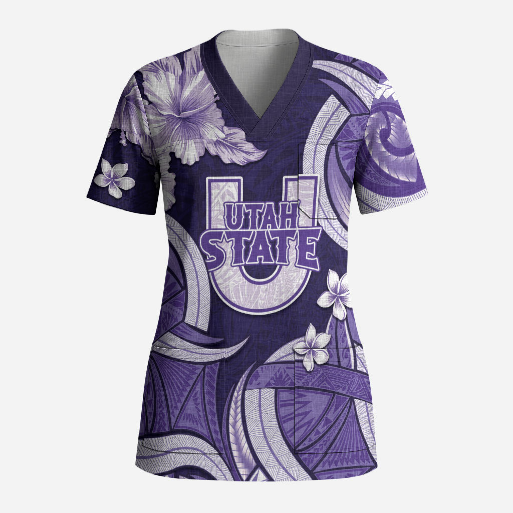 Utah State Polynesian Heritage Scrub Top Floral Tribal Pattern Tropical Flowers LT05 Adult Purple - Polynesian Pride