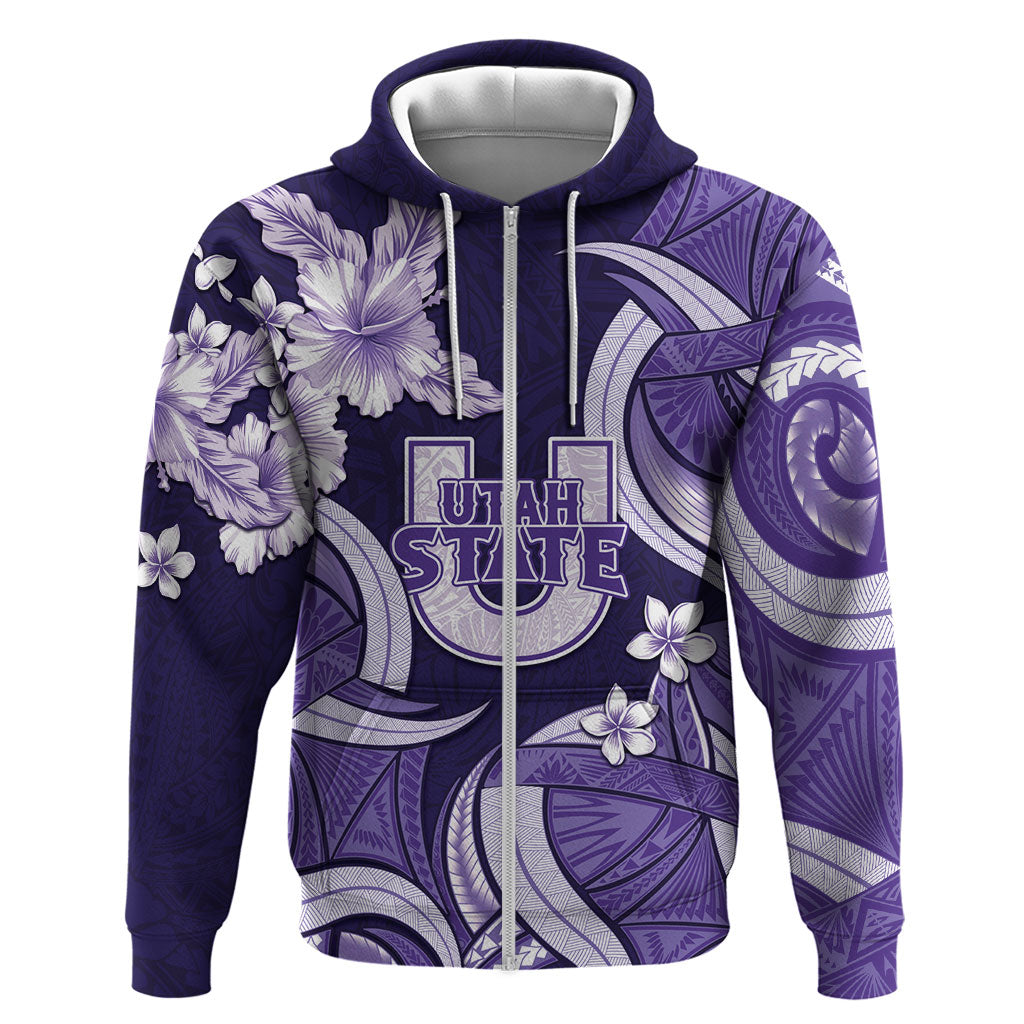Utah State Polynesian Heritage Zip Hoodie Floral Tribal Pattern Tropical Flowers