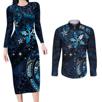 Hawaii Makahiki Season Couples Matching Long Sleeve Bodycon Dress and Long Sleeve Button Shirt Floral Tribal Tattoo Blue Galaxy