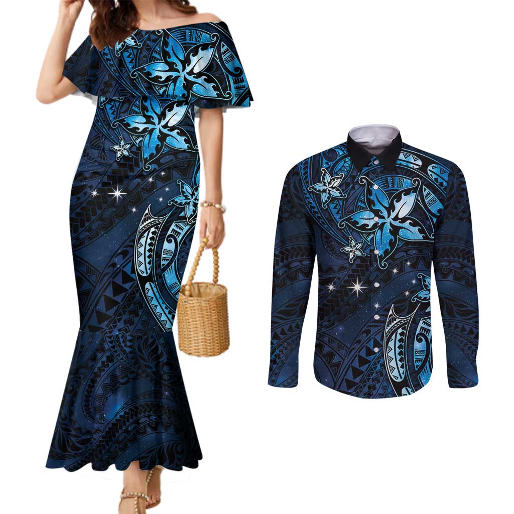 Hawaii Makahiki Season Couples Matching Mermaid Dress and Long Sleeve Button Shirt Floral Tribal Tattoo Blue Galaxy