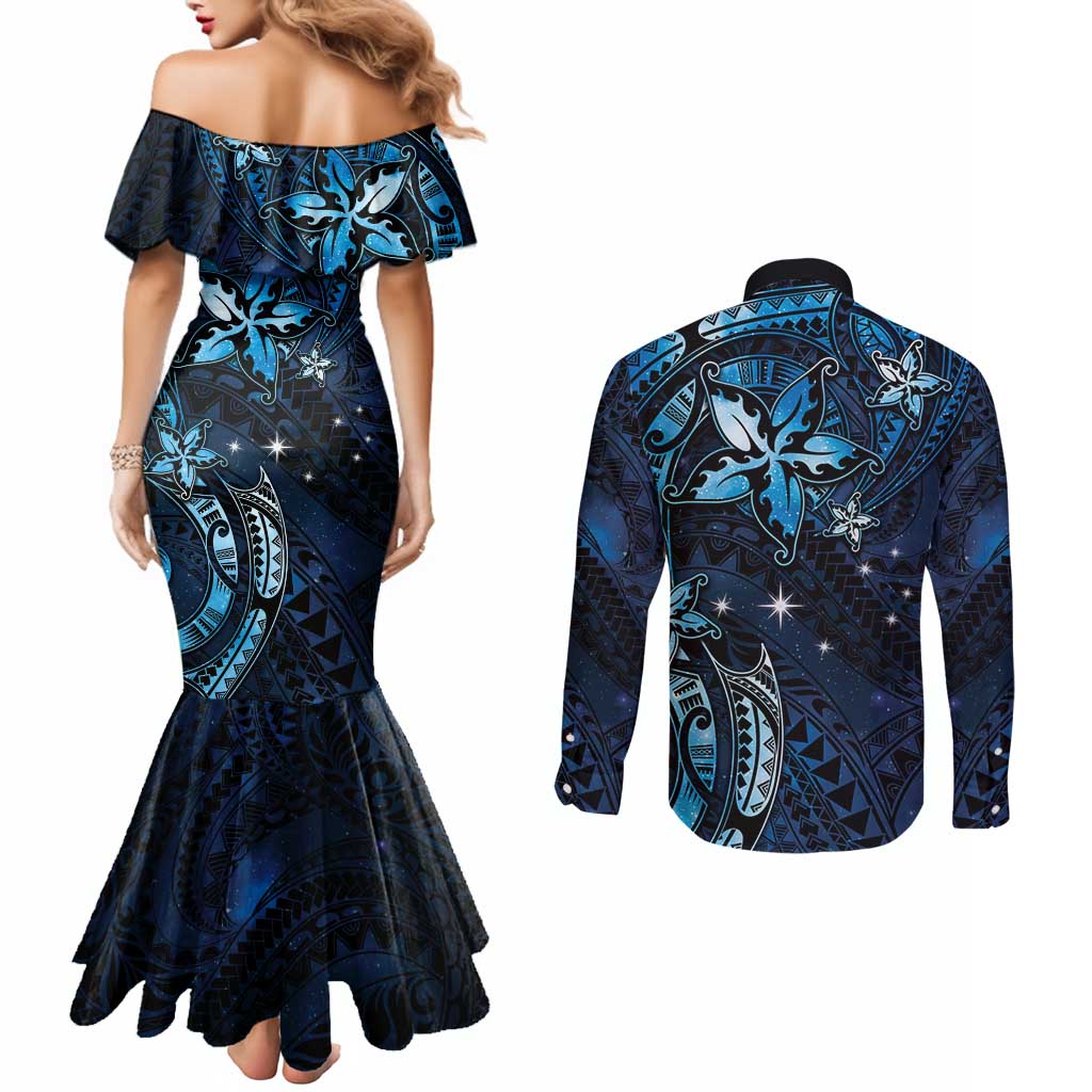 Hawaii Makahiki Season Couples Matching Mermaid Dress and Long Sleeve Button Shirt Floral Tribal Tattoo Blue Galaxy