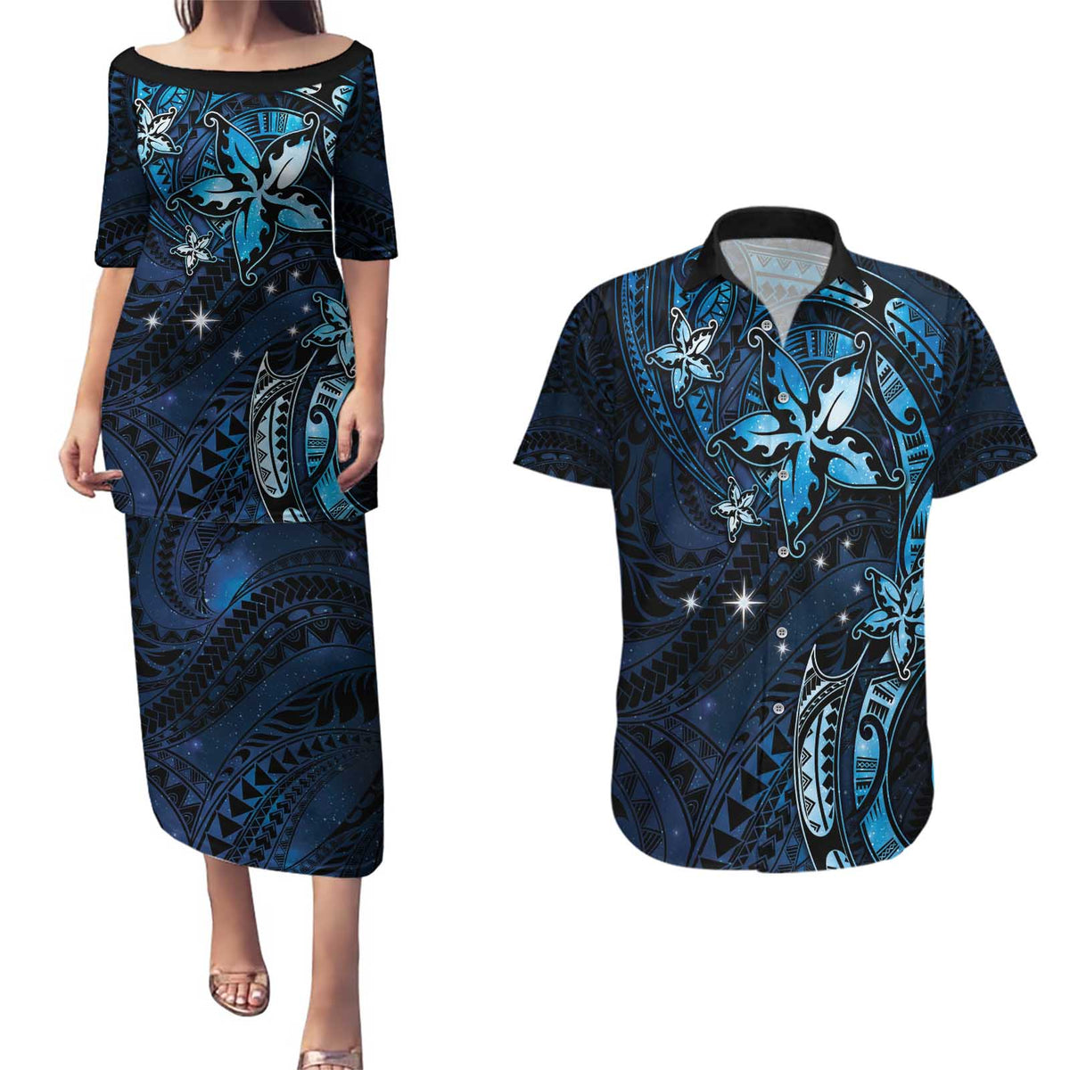 Hawaii Makahiki Season Couples Matching Puletasi and Hawaiian Shirt Floral Tribal Tattoo Blue Galaxy