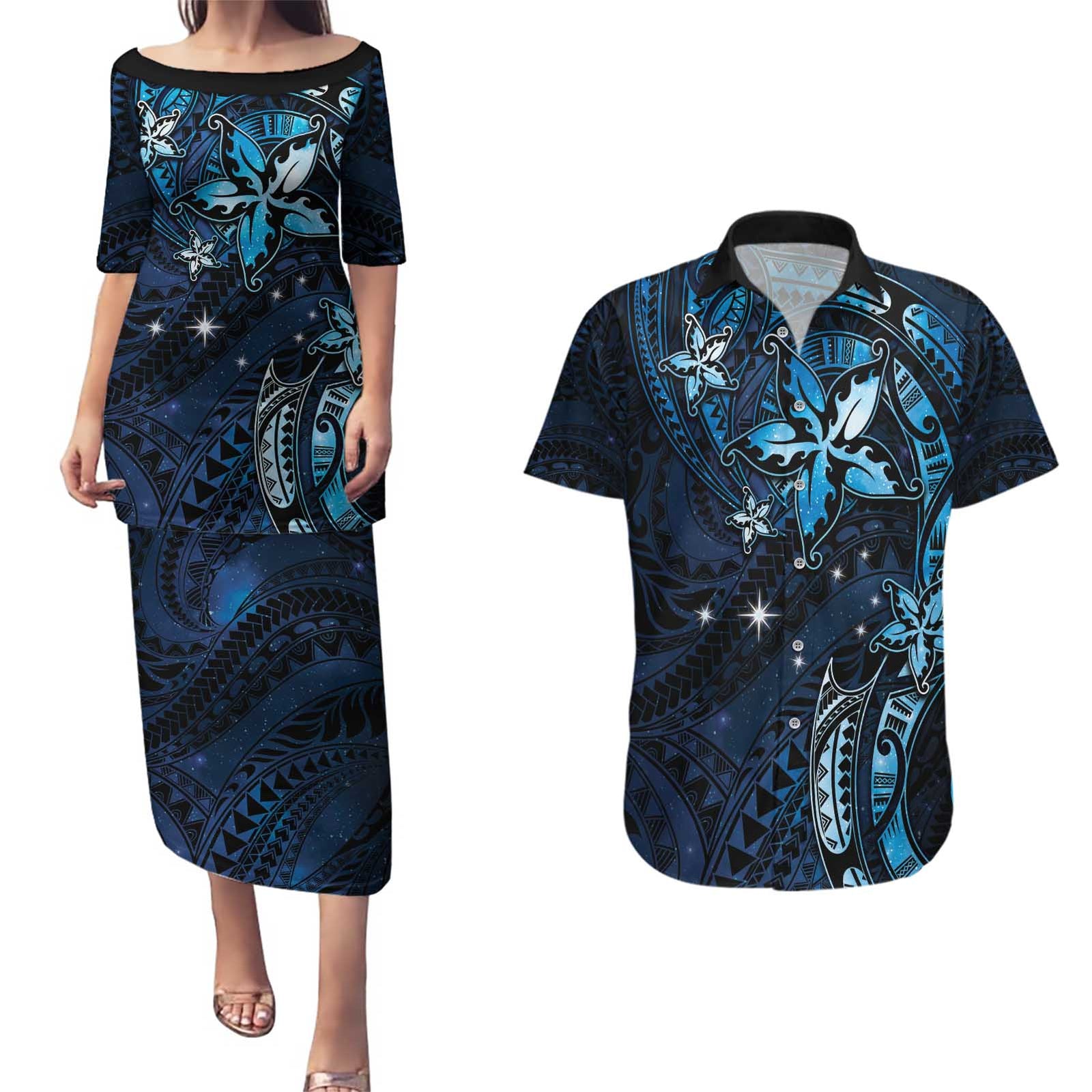 Hawaii Makahiki Season Couples Matching Puletasi and Hawaiian Shirt Floral Tribal Tattoo Blue Galaxy