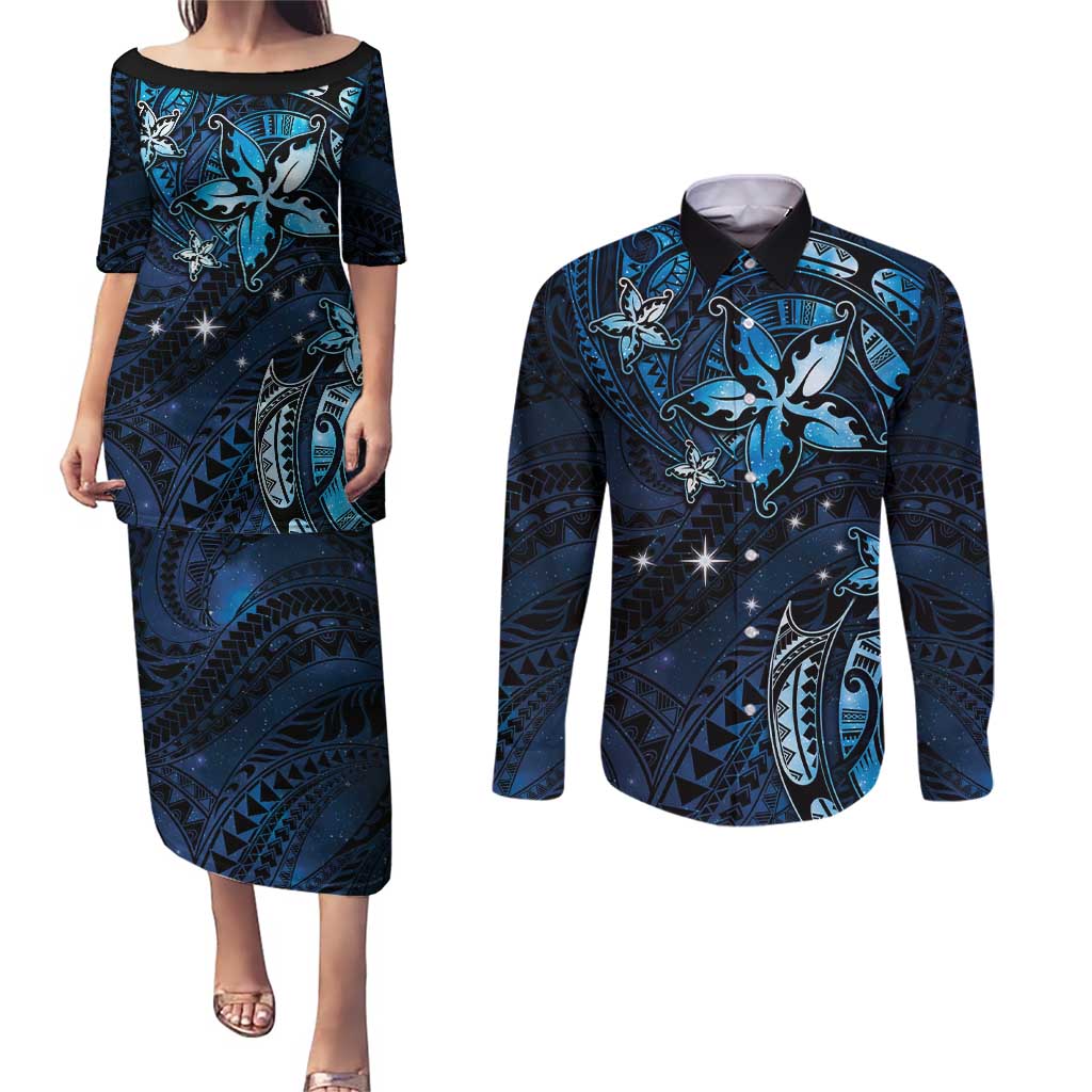 Hawaii Makahiki Season Couples Matching Puletasi and Long Sleeve Button Shirt Floral Tribal Tattoo Blue Galaxy