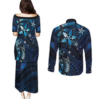 Hawaii Makahiki Season Couples Matching Puletasi and Long Sleeve Button Shirt Floral Tribal Tattoo Blue Galaxy