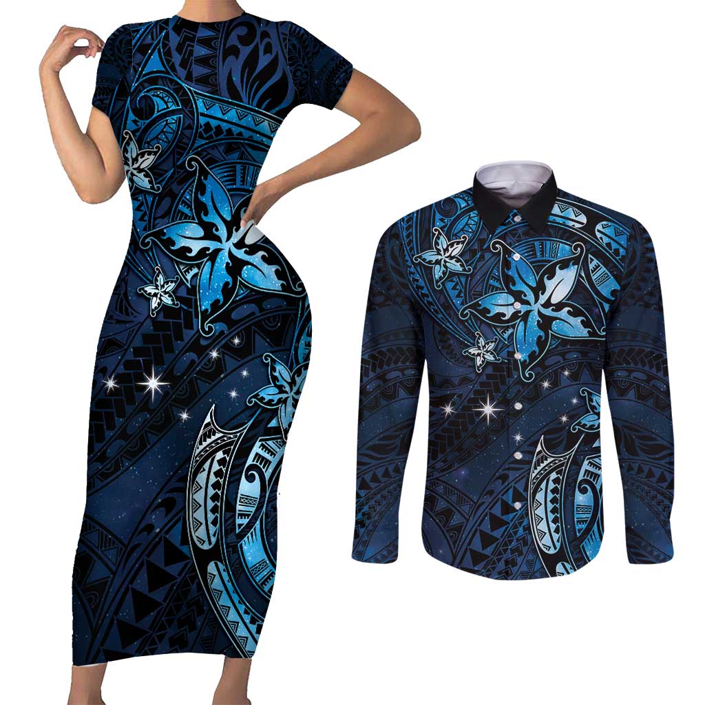 Hawaii Makahiki Season Couples Matching Short Sleeve Bodycon Dress and Long Sleeve Button Shirt Floral Tribal Tattoo Blue Galaxy