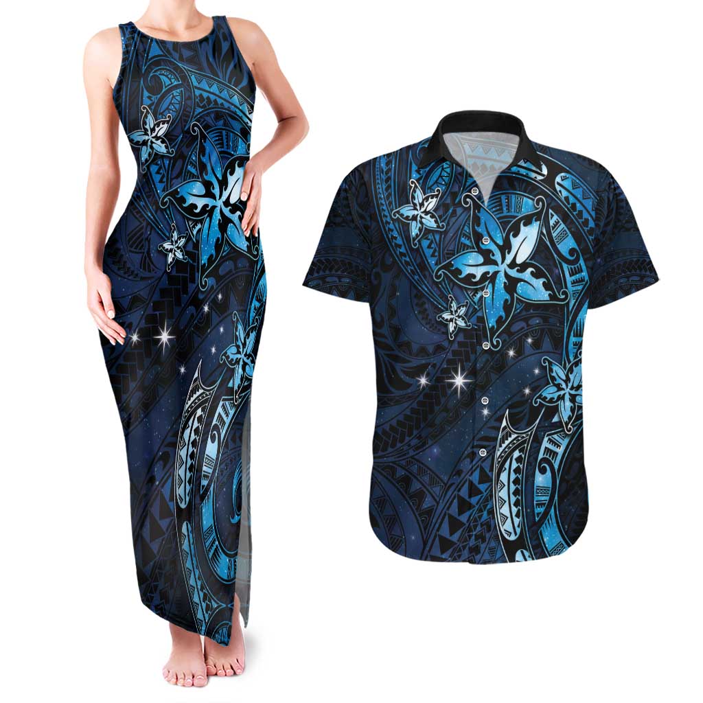 Hawaii Makahiki Season Couples Matching Tank Maxi Dress and Hawaiian Shirt Floral Tribal Tattoo Blue Galaxy
