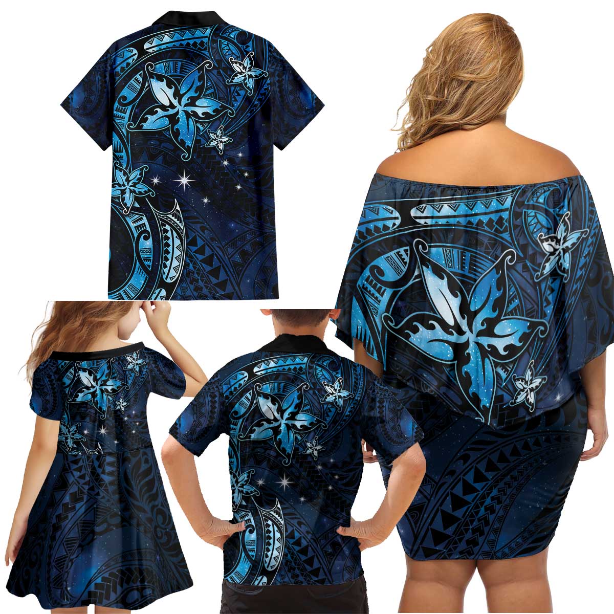 Hawaii Makahiki Season Family Matching Off Shoulder Short Dress and Hawaiian Shirt Floral Tribal Tattoo Blue Galaxy