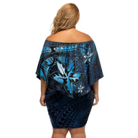 Hawaii Makahiki Season Family Matching Off Shoulder Short Dress and Hawaiian Shirt Floral Tribal Tattoo Blue Galaxy