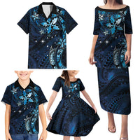 Hawaii Makahiki Season Family Matching Puletasi and Hawaiian Shirt Floral Tribal Tattoo Blue Galaxy LT05 - Polynesian Pride