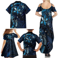 Hawaii Makahiki Season Family Matching Summer Maxi Dress and Hawaiian Shirt Floral Tribal Tattoo Blue Galaxy