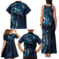 Hawaii Makahiki Season Family Matching Tank Maxi Dress and Hawaiian Shirt Floral Tribal Tattoo Blue Galaxy