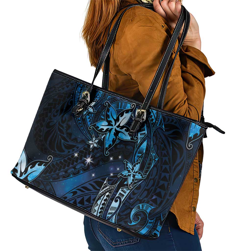 Hawaii Makahiki Season Leather Tote Bag Floral Tribal Tattoo Blue Galaxy LT05 - Polynesian Pride