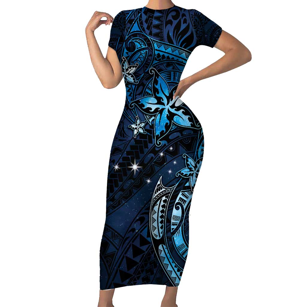 Hawaii Makahiki Season Short Sleeve Bodycon Dress Floral Tribal Tattoo Blue Galaxy