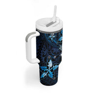 Hawaii Makahiki Season Tumbler With Handle Floral Tribal Tattoo Blue Galaxy