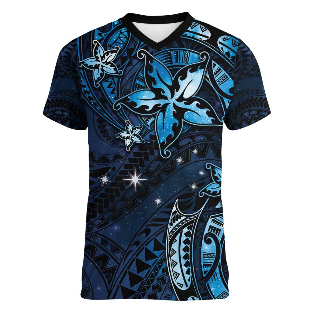 Hawaii Makahiki Season Women V-Neck T-Shirt Floral Tribal Tattoo Blue Galaxy