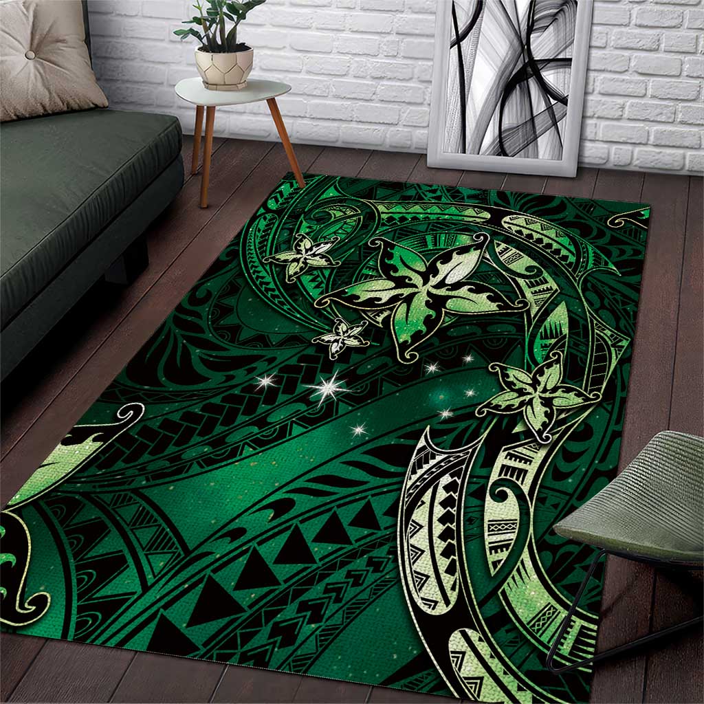 Hawaii Makahiki Season Area Rug Floral Tribal Tattoo Green Galaxy