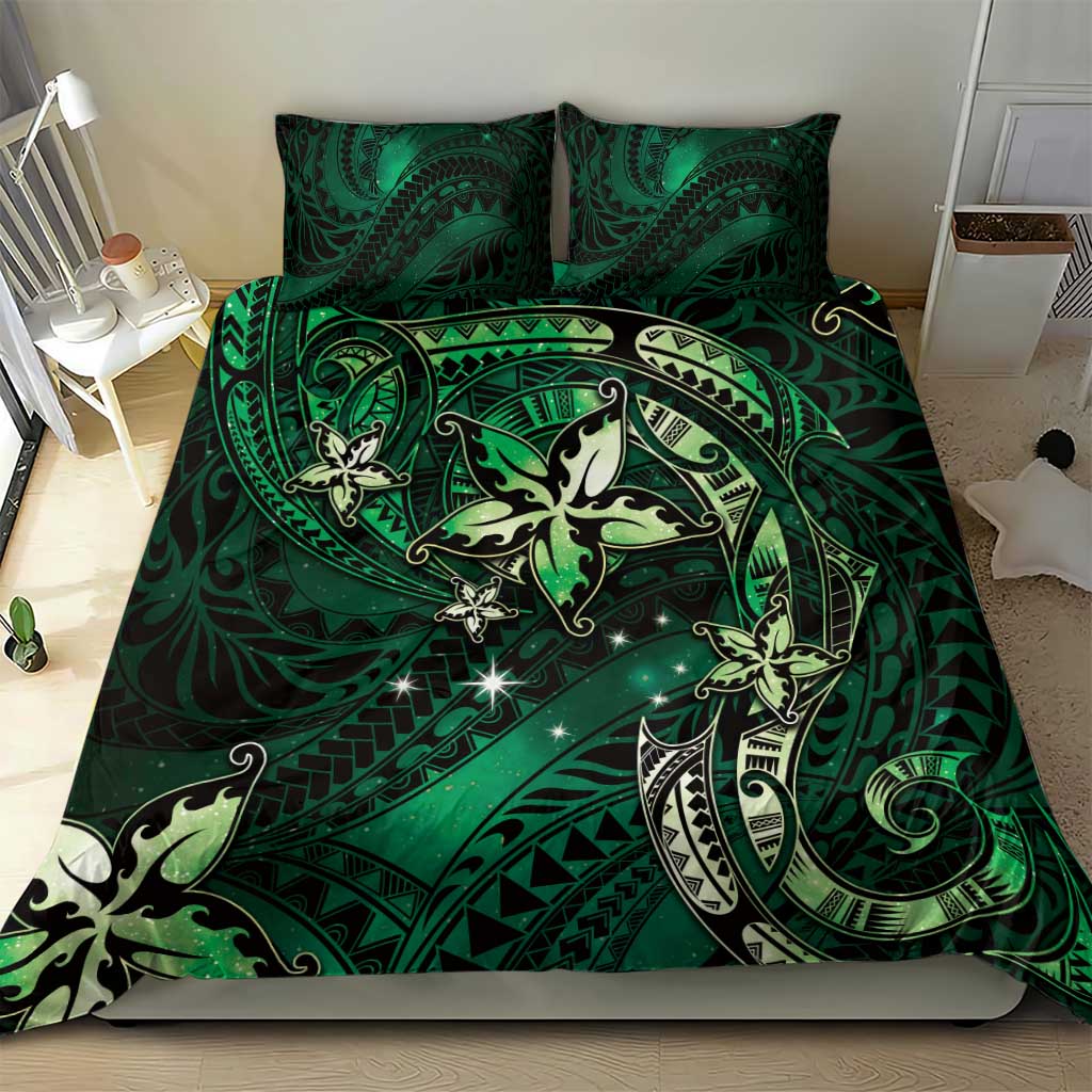 Hawaii Makahiki Season Bedding Set Floral Tribal Tattoo Green Galaxy