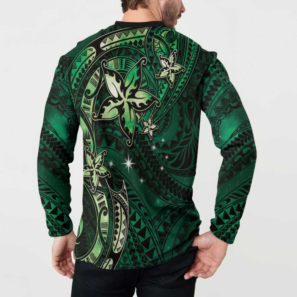 Hawaii Makahiki Season Button Sweatshirt Floral Tribal Tattoo Green Galaxy
