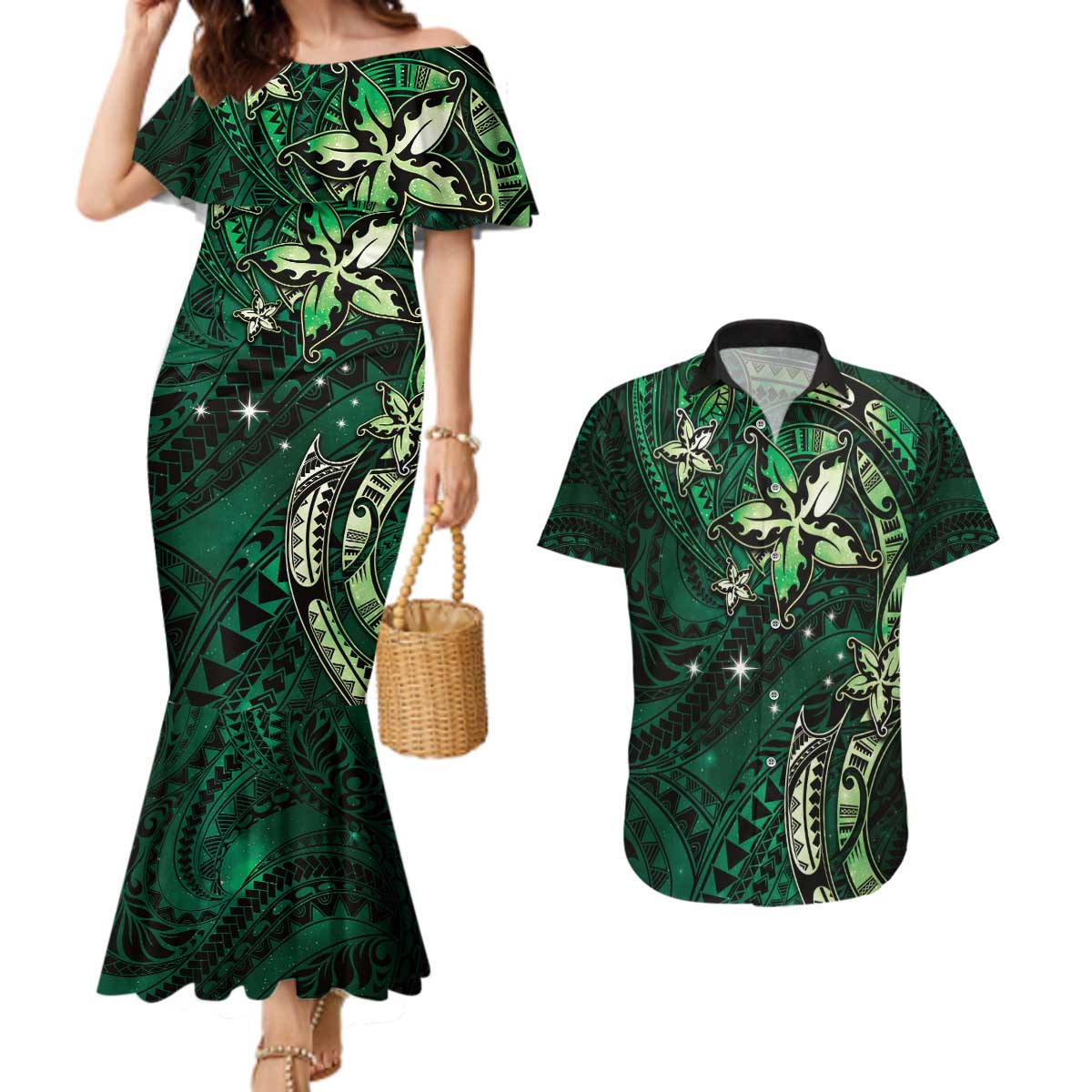 Hawaii Makahiki Season Couples Matching Mermaid Dress and Hawaiian Shirt Floral Tribal Tattoo Green Galaxy