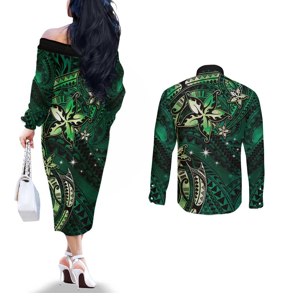 Hawaii Makahiki Season Couples Matching Off The Shoulder Long Sleeve Dress and Long Sleeve Button Shirt Floral Tribal Tattoo Green Galaxy