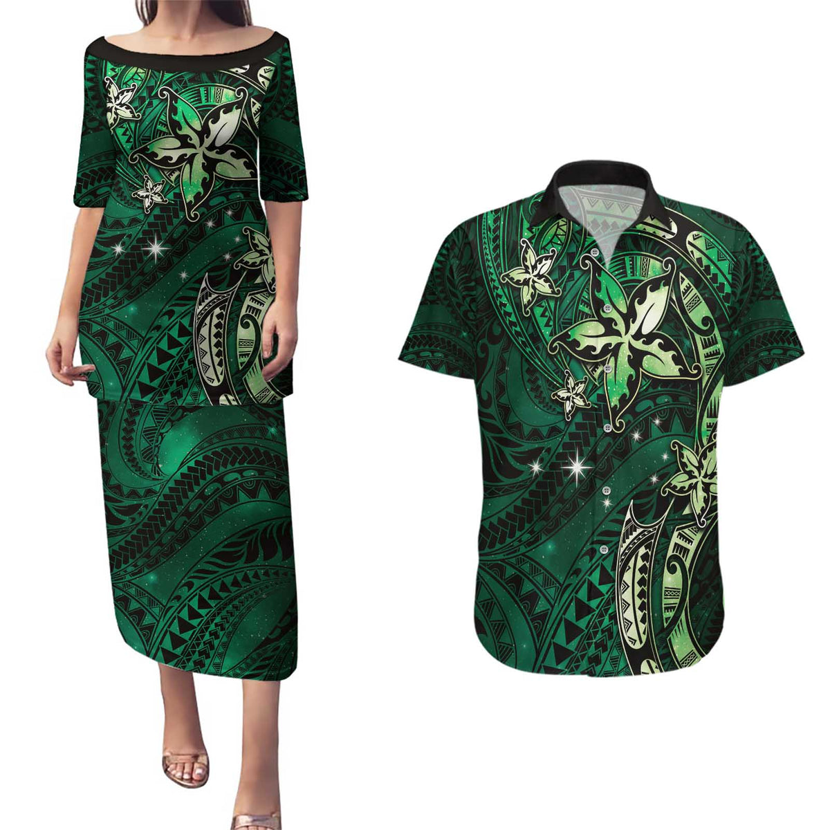 Hawaii Makahiki Season Couples Matching Puletasi and Hawaiian Shirt Floral Tribal Tattoo Green Galaxy