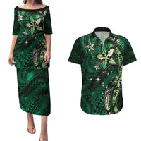 Hawaii Makahiki Season Couples Matching Puletasi and Hawaiian Shirt Floral Tribal Tattoo Green Galaxy