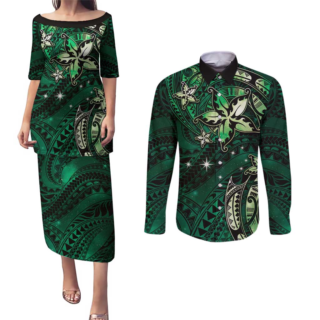 Hawaii Makahiki Season Couples Matching Puletasi and Long Sleeve Button Shirt Floral Tribal Tattoo Green Galaxy