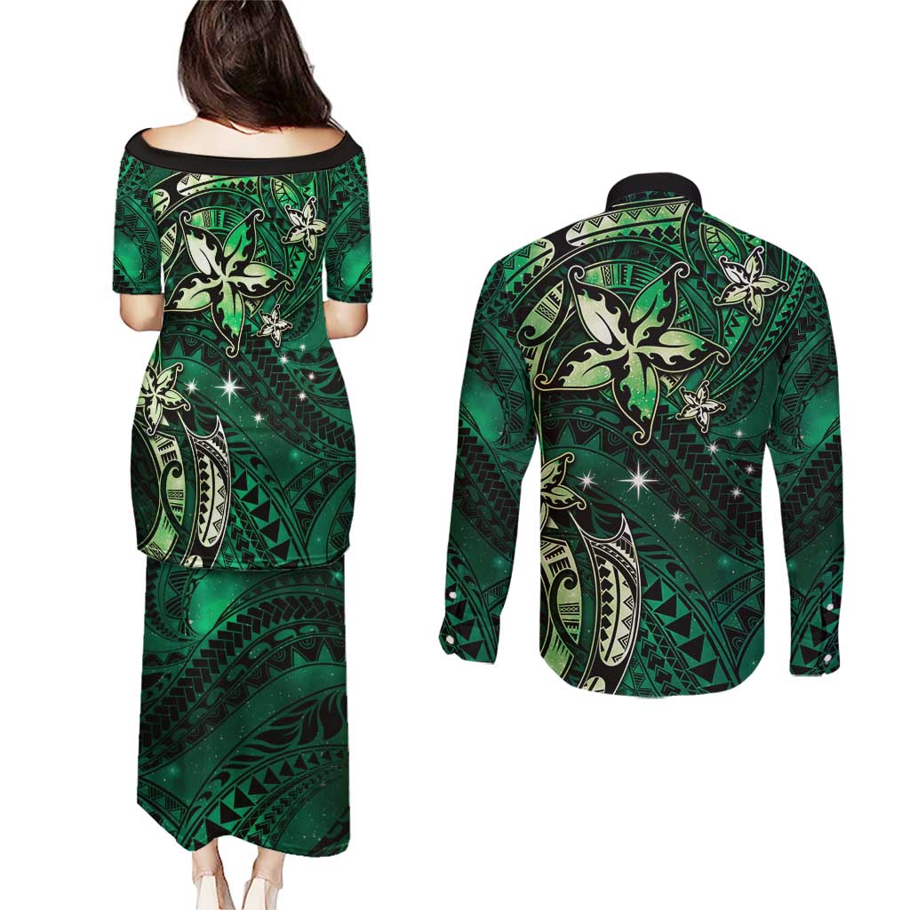 Hawaii Makahiki Season Couples Matching Puletasi and Long Sleeve Button Shirt Floral Tribal Tattoo Green Galaxy