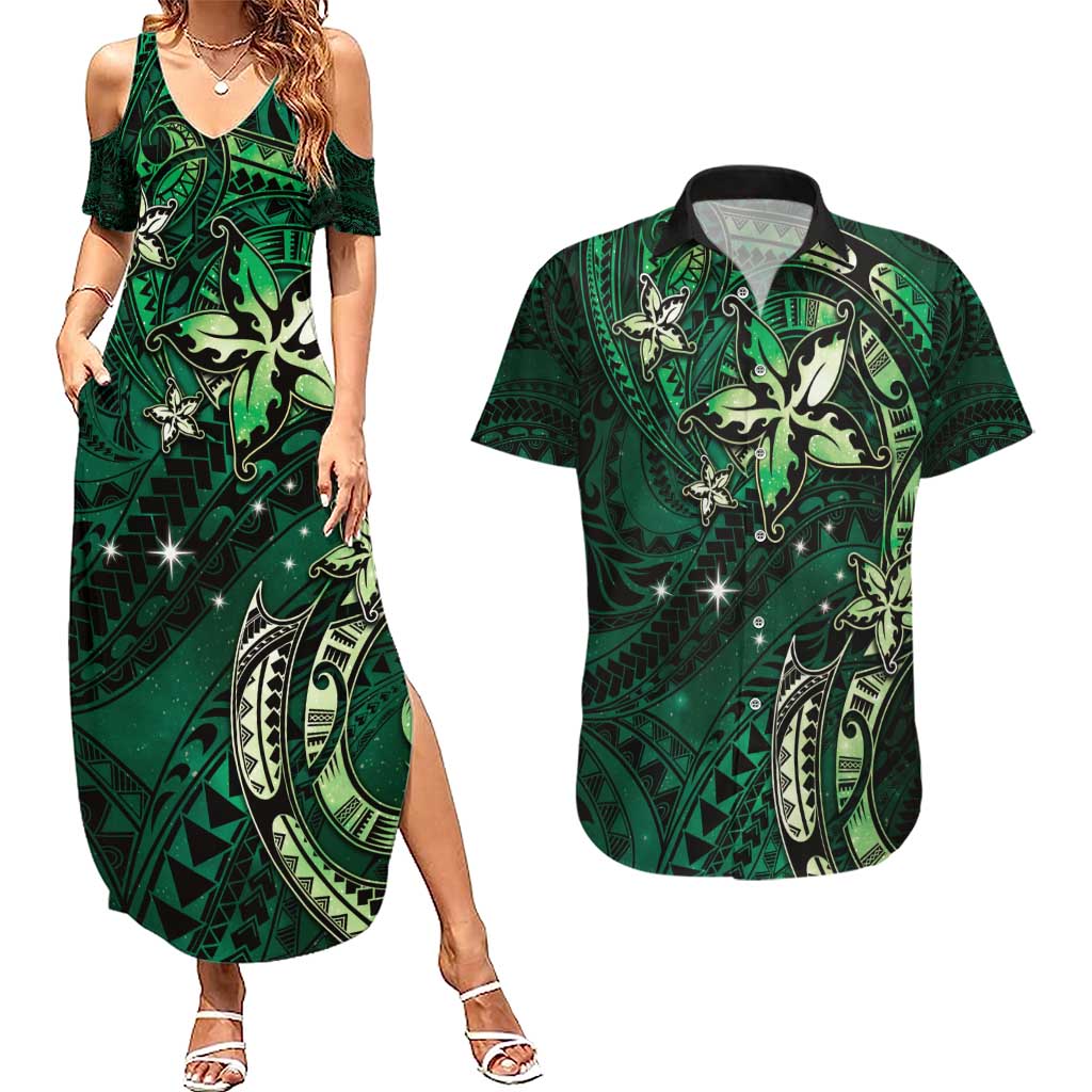 Hawaii Makahiki Season Couples Matching Summer Maxi Dress and Hawaiian Shirt Floral Tribal Tattoo Green Galaxy