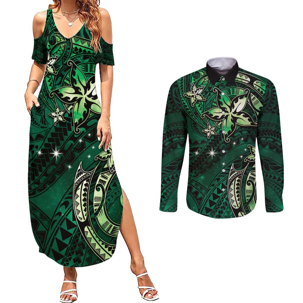 Hawaii Makahiki Season Couples Matching Summer Maxi Dress and Long Sleeve Button Shirt Floral Tribal Tattoo Green Galaxy