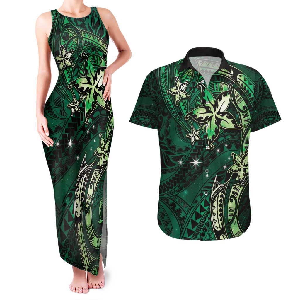 Hawaii Makahiki Season Couples Matching Tank Maxi Dress and Hawaiian Shirt Floral Tribal Tattoo Green Galaxy