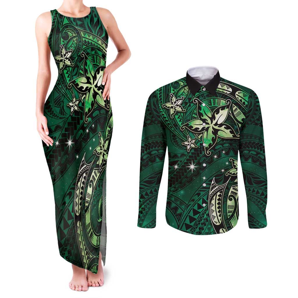 Hawaii Makahiki Season Couples Matching Tank Maxi Dress and Long Sleeve Button Shirt Floral Tribal Tattoo Green Galaxy