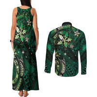 Hawaii Makahiki Season Couples Matching Tank Maxi Dress and Long Sleeve Button Shirt Floral Tribal Tattoo Green Galaxy