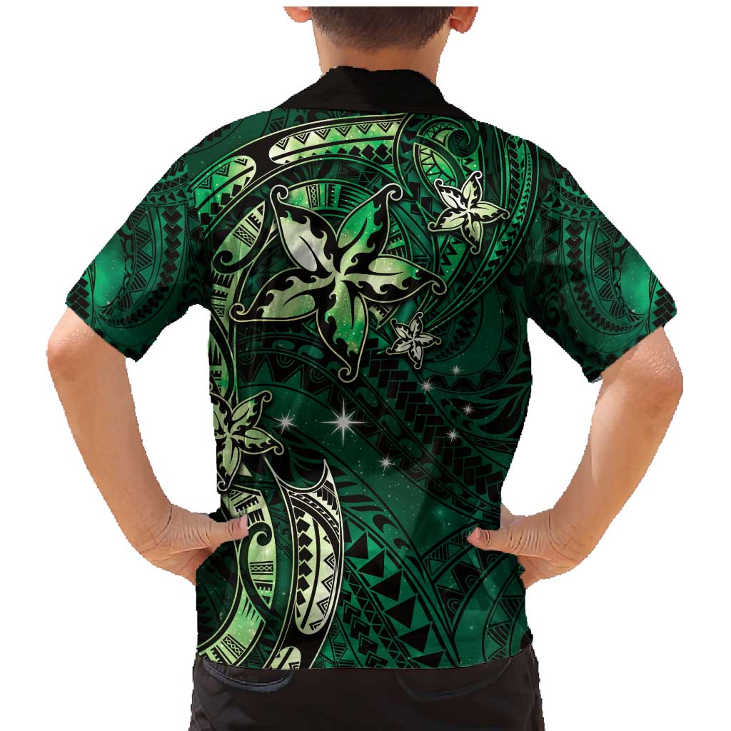 Hawaii Makahiki Season Family Matching Mermaid Dress and Hawaiian Shirt Floral Tribal Tattoo Green Galaxy